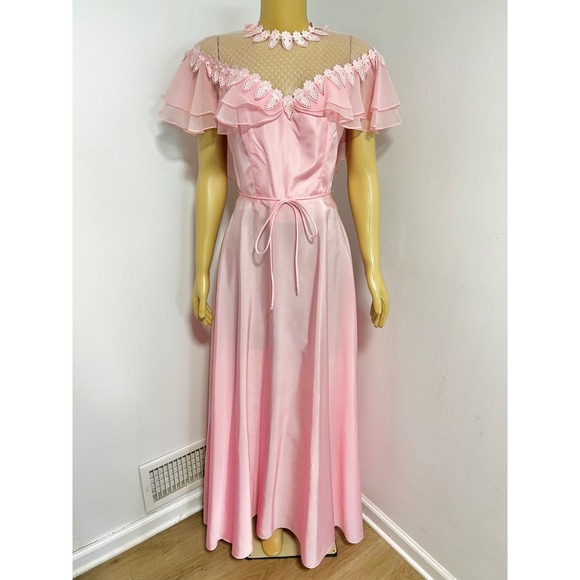Dresses & Skirts - Vintage 70s Pink Maxi Dress Lace Mesh Yoke Flutter Sleeve Romantic Prom 9/10